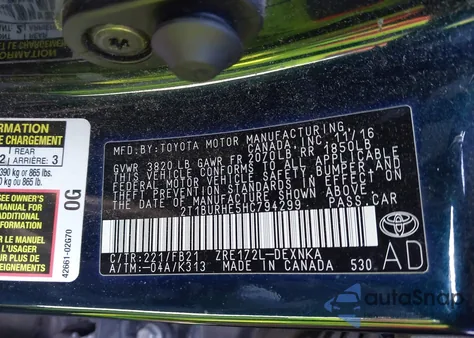 2017 Toyota Corolla Le from USA, damaged, VIN 2T1BURHE5HC794299